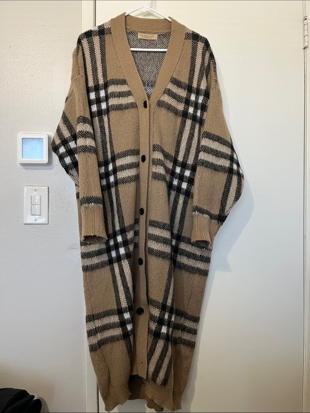 Burberry Long Plaid Cardigan in Camel, Black & White